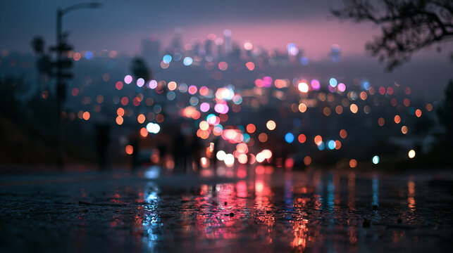 Out of Focus City Night Lights Reflected on Wet Street
