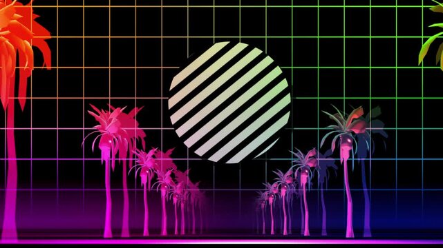 Retro tropical neon palms with geometric shapes and rainbow grid motion.