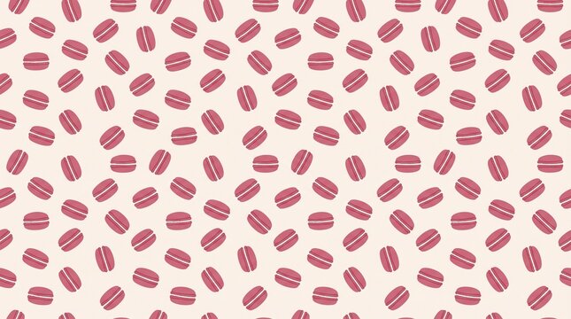 Minimalist macaron pattern with pink french cookies on cream background. Sweet dessert seamless texture for bakery branding. Elegant pastry wallpaper with repeating macaroons for cafe packaging.