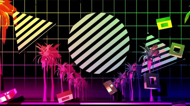 Floating neon geometric shapes drift above a colorful tropical grid scene.