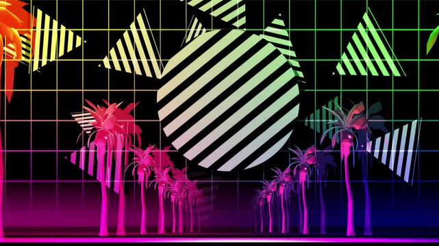 Psychedelic tropical palm landscape with neon geometry and rainbow colors.