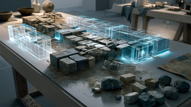 Stone mosaic restoration using futuristic blue digital holographic wireframe projection
