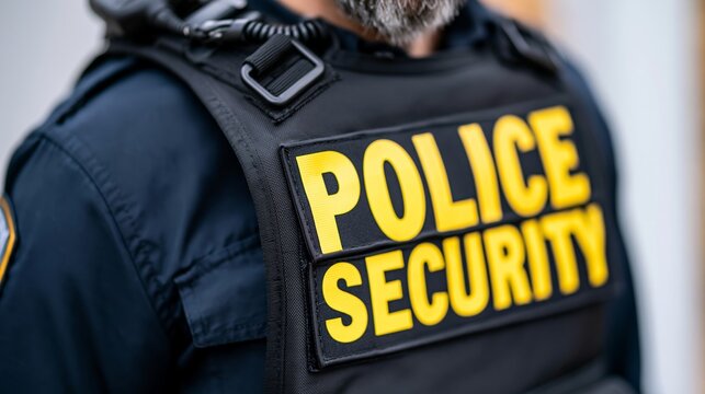 Police officer or security guard wearing a uniform and tactical vest with a POLICE SECURITY patch, ensuring protection and order