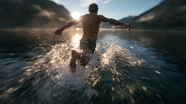 Man Running into Lake Water with Splash at Sunrise