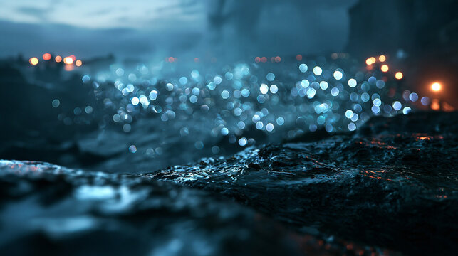 Abstract Glowing Bokeh Lights on Wet Surface at Night
