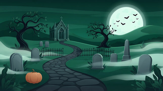 Spooky halloween graveyard scene with a winding path and full moon in the night
