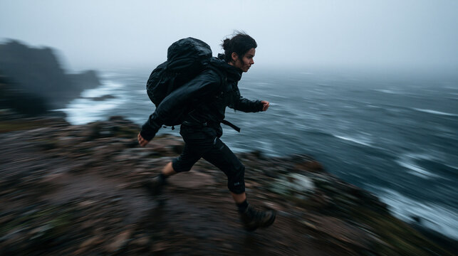 Female Hiker Running Along Stormy Coastal Cliff Trail