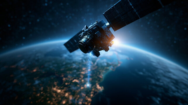Communication Satellite Orbiting Earth and Transmitting Data Signal
