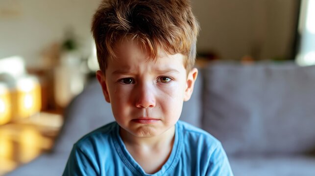 Young boy feeling upset, tears rolling down his cheeks in a close up portrait, showing vulnerability and strong emotion