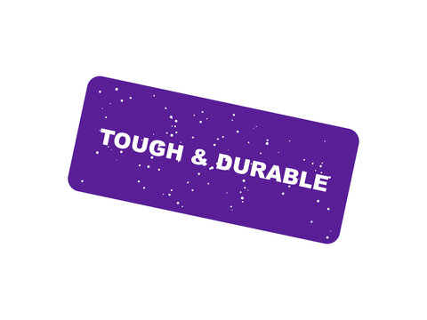 Purple rectangular badge with tough and durable text stamp design