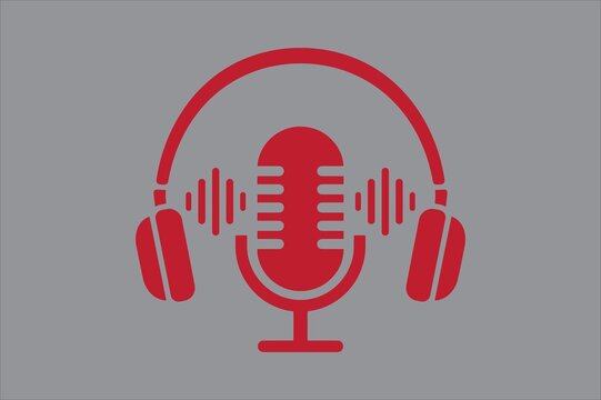 Red podcast microphone and headphones icon graphic with microphone, headphones