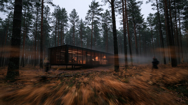 Modern Architecture Cabin Illuminated in Pine Forest at Dusk