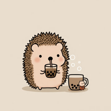 Hedgehog sipping boba tea animal illustration bubble.