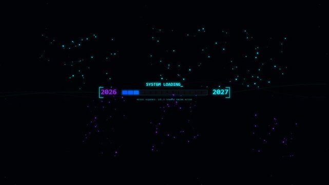Futuristic digital interface loading screen with abstract world map outline composed of glowing dots showing progression between two years time.
