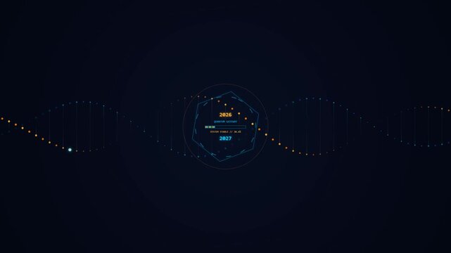 Abstract digital dna strand animation with loading progress bar for futuristic research and medical software interface design on black background.