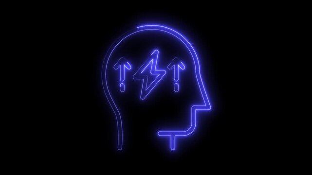 Neon head silhouette with arrows and lightning bolt representing ideas and creativity