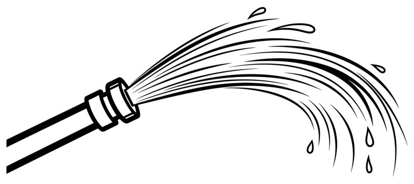 Garden hose spraying water in a clean black and white minimalist vector graphic design style illustration