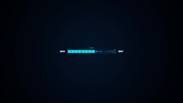 Futuristic loading bar graphic progress interface animation spanning between years twenty twenty six and twenty twenty seven on dark background.