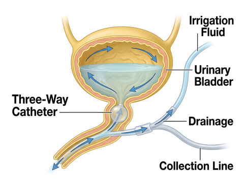 Medical illustration of a three-way urinary catheter in the bladder isolated on white background