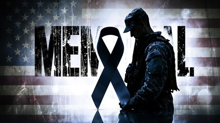 Obraz premium Distressed American flag background featuring a solemn soldier silhouette, a black remembrance ribbon, and MEMORIAL text