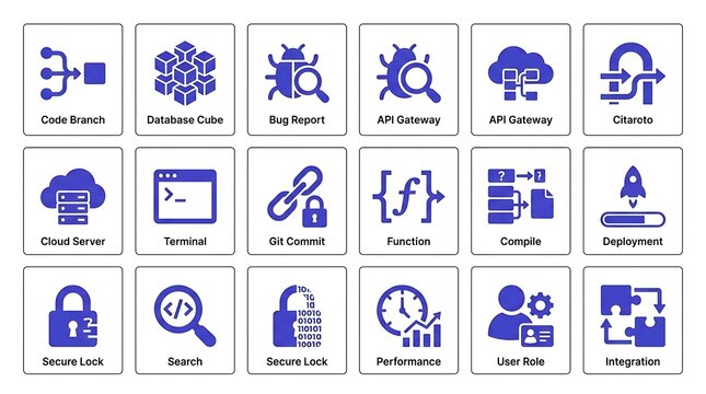 Comprehensive set of software development and dev ops icons with software development programming security terminal deployment automation integration infrastructure database engineering