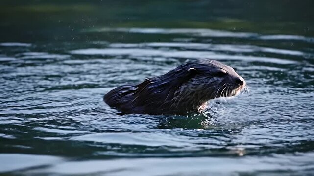 A playful otter emerges from dark water creating a dramatic splash and water explosion, close-up