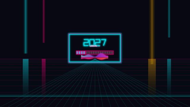 Futuristic 4K retro cyberpunk background featuring a glowing neon rectangular HUD frame. Displays the year 2027 along with a digital loading bar and audio waveform visualizer over a perspective