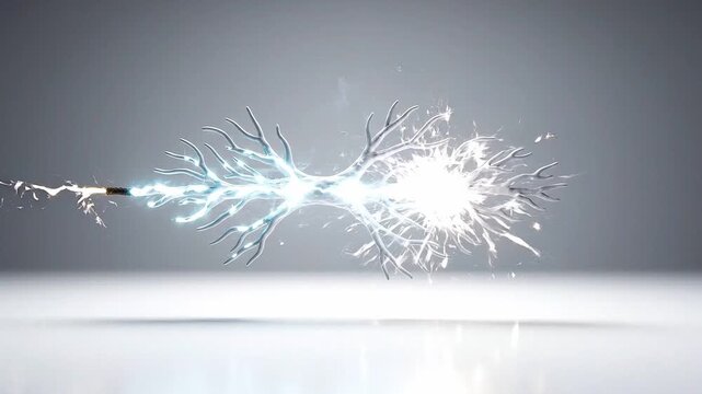 Sparkling electric discharge flows through a branching metallic structure, illuminating the scene with bright flashes and dynamic energy in a minimalist setting