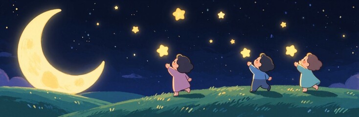 Fototapeta premium Children reach for glowing stars under a big moon on a grassy hill. Whimsical night scene, dreamlike fantasy, creative imagination, cosmic wonder, joyful innocence, celestial beauty, artistic vibe.
