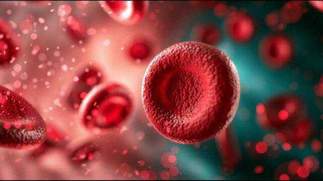 Red blood cells float in a colorful environment under microscope observation. The focus is on their movements and unique shapes.