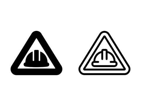 Two construction site warning signs featuring hard hat icons in solid black and outline linear style