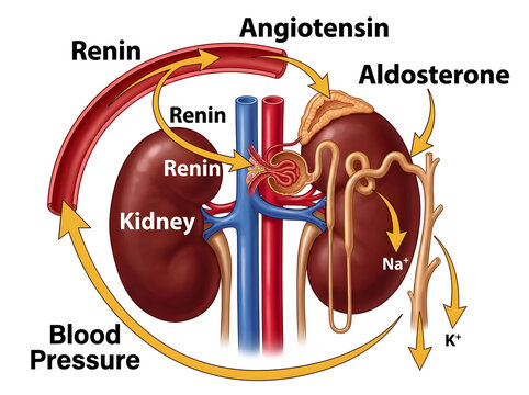 Renin angiotensin aldosterone system diagram isolated on white background