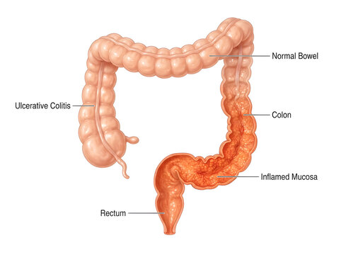Ulcerative colitis illustration in human colon isolated on white background