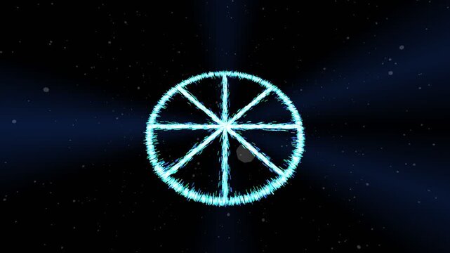 Abstract Digital Energy Wheel Forming from Glowing Particles in Dark Space.
