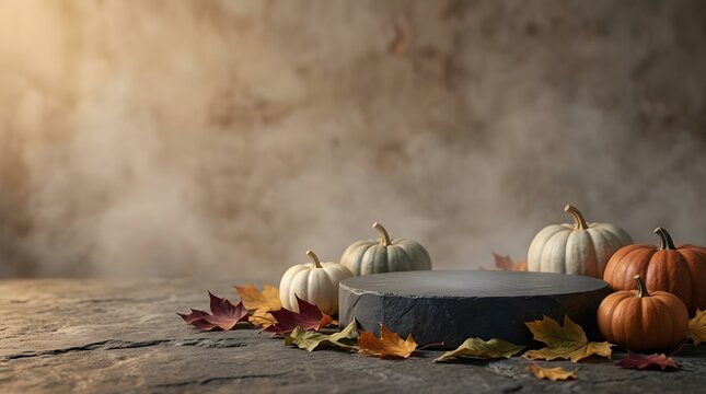 A Festive Halloween Display With Pumpkins And Autumn Leaves On A Stone Surface In A Foggy Setting.
