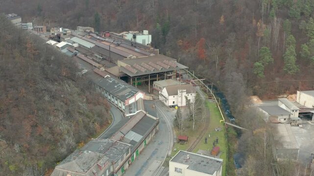 drone flying overr an abandond company from main entry to the begining trains ceiling n tracks riuns
