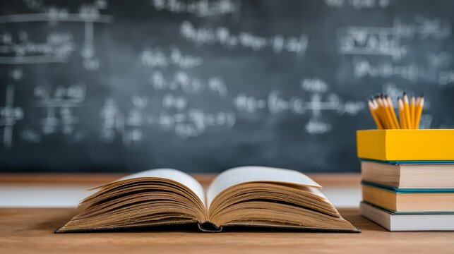 Open book, books and pencils on desk against chalkboard with math formulas, preparing for exam