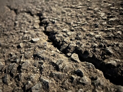 Cracked Asphalt Road Surface Showing Weathered Pavement Texture Outdoors. Detailed macro of damaged pavement for infrastructure and maintenance concepts.