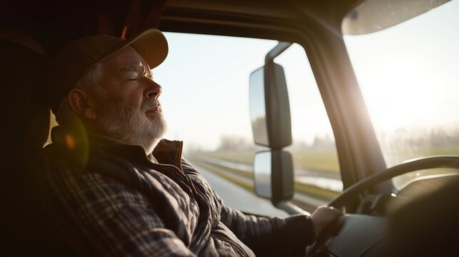 Senior truck driver fighting sleep while driving on an open road, highlighting dangers of drowsy driving and exhaustion