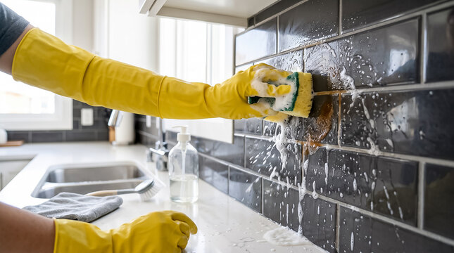 Hand in yellow rubber glove using soapy sponge to scrub grease off dark glossy ceramic tile splashback wall in kitchen