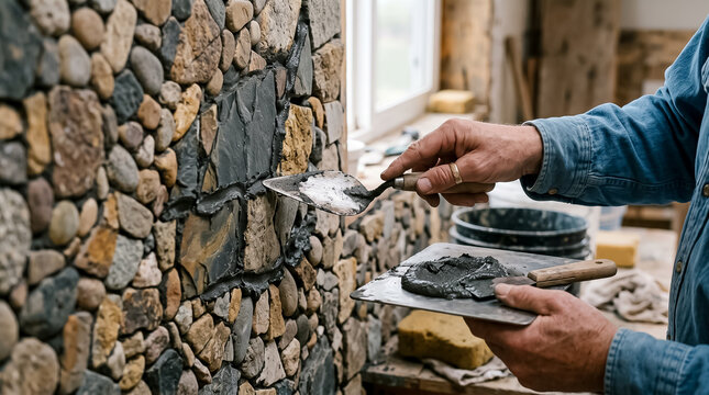 Mason hand in glove using small pointing trowel tool to fill mortar joints between natural rustic stone wall cladding