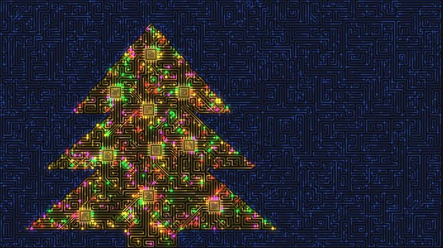 glowing Christmas tree formed from digital circuit board patterns creates a festive high-tech celebration of electronics
