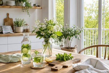 Fototapeta premium Fresh summer kitchen still life with cucumber lemon water, mint leaves and white flowers in glass vases, bright natural home lifestyle setting indoors