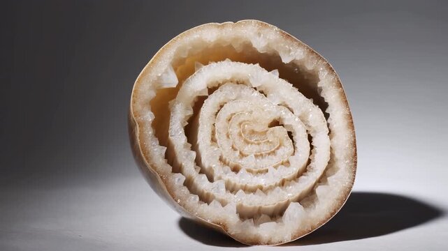 Close up sliced geode crystal stone with concentric cream mineral rings, rough brown shell, sparkling center, isolated on gray surface under soft side light, premium studio still life