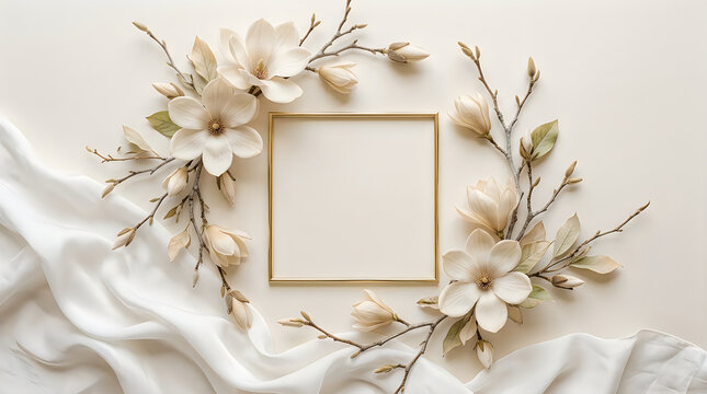 Elegant magnolia floral arrangement with gold frame flat lay composition