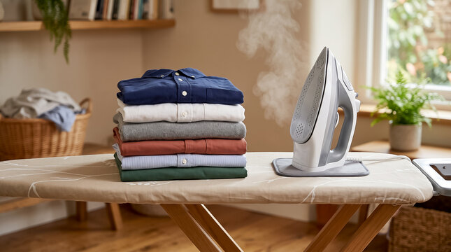 Stack of neatly ironed folded cotton shirts lying on ironing board next to modern steam generator iron in laundry room