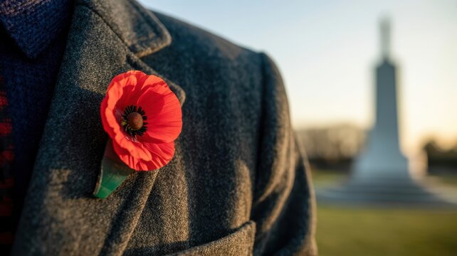 Person wearing charcoal wool coat with red poppy pin standing at military memorial cenotaph during sunset remembrance Remembrance Day