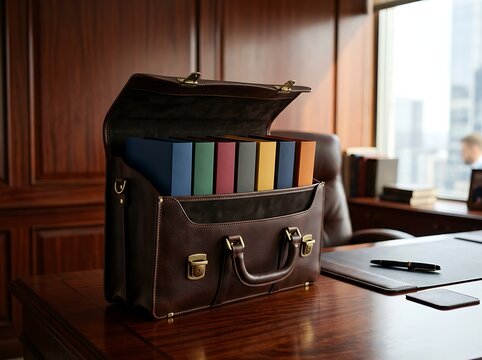 Elegant leather briefcase with colorful folders inside