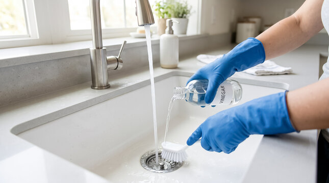 Gloved hands pouring liquid drain cleaner from bottle down stainless steel kitchen sink drain to clear pipe clog