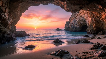Fototapeta premium Sunset view from inside rocky coastal cave looking out to ocean. Golden sun shines over sea waves, sandy beach. Pink, orange clouds fill sky above calm water. Beautiful tropical landscape at dusk